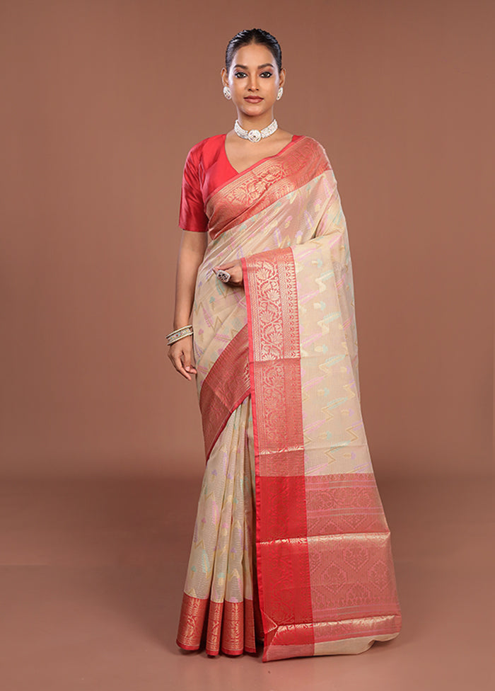 Cream Cotton Saree With Blouse Piece