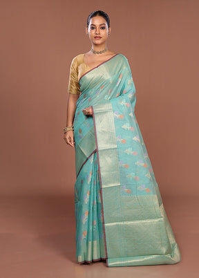 Green Cotton Saree With Blouse Piece