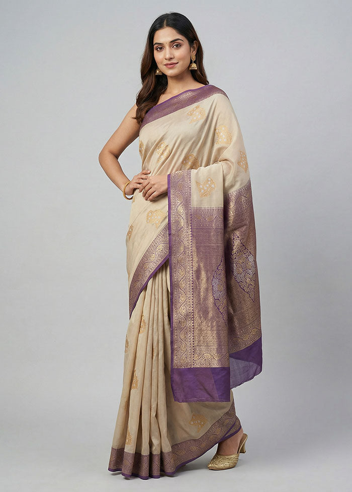 Cream Kanjivaram Silk Saree With Blouse Piece