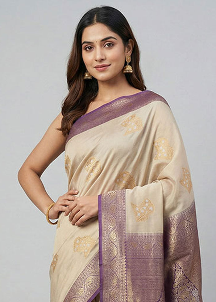Cream Kanjivaram Silk Saree With Blouse Piece