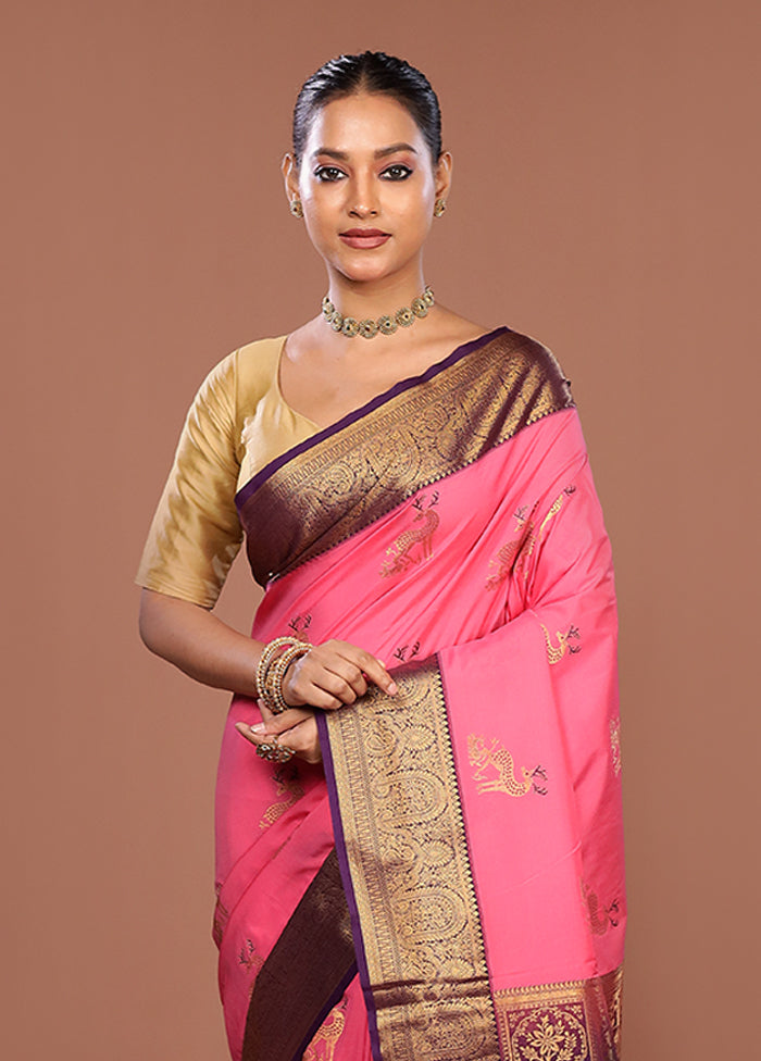 Pink Kanjivaram Silk Saree With Blouse Piece