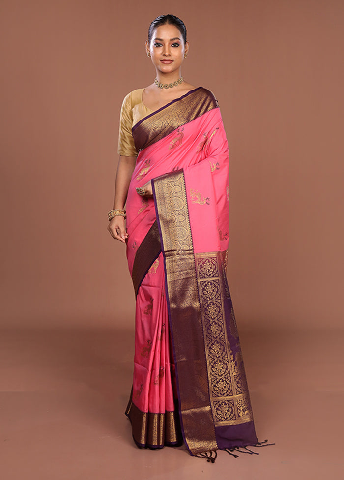 Pink Kanjivaram Silk Saree With Blouse Piece