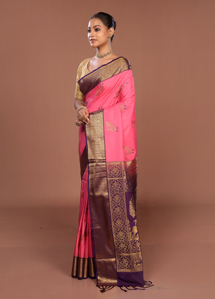 Pink Kanjivaram Silk Saree With Blouse Piece
