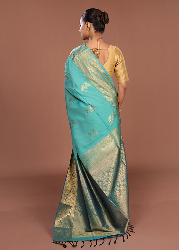 Blue Kanjivaram Silk Saree With Blouse Piece