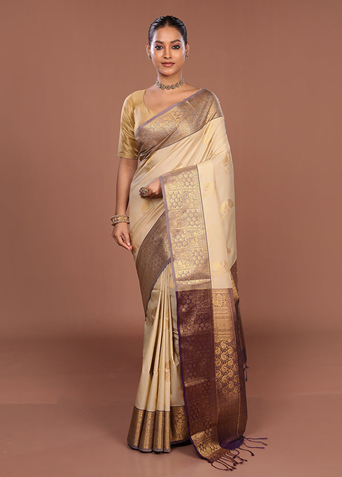 Cream Kanjivaram Silk Saree With Blouse Piece