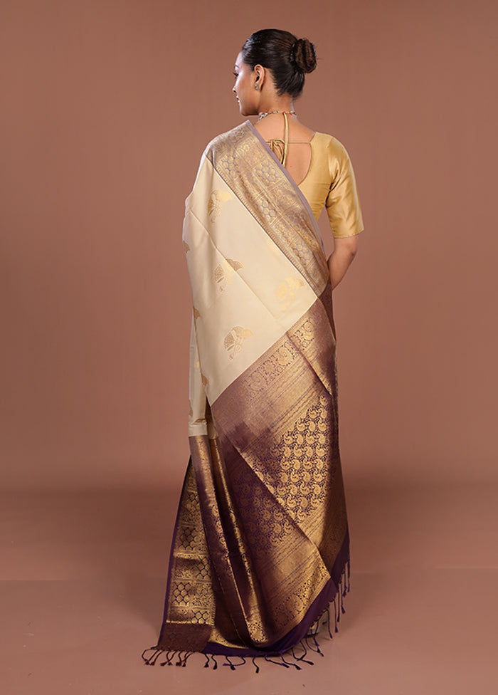 Cream Kanjivaram Silk Saree With Blouse Piece