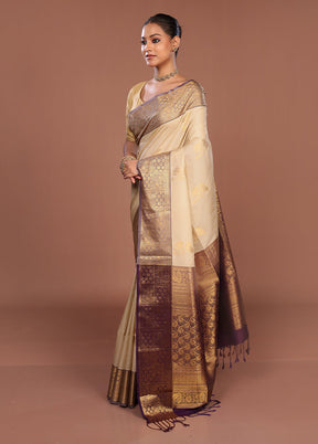 Cream Kanjivaram Silk Saree With Blouse Piece