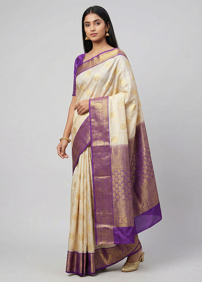 Cream Kanjivaram Silk Saree With Blouse Piece
