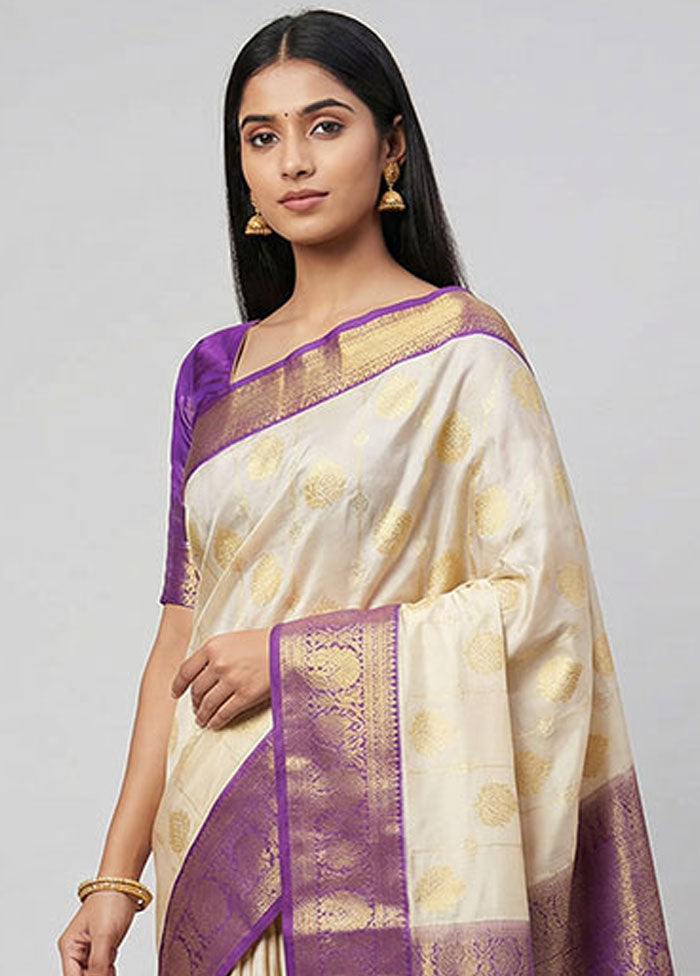 Cream Kanjivaram Silk Saree With Blouse Piece