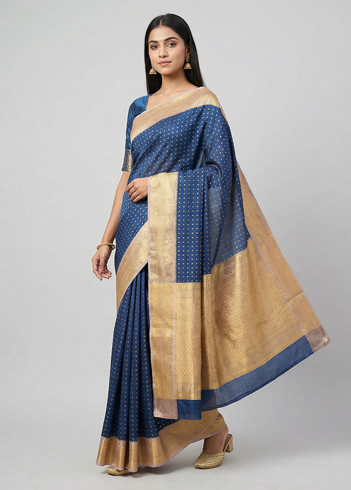 Blue Kanjivaram Silk Saree With Blouse Piece