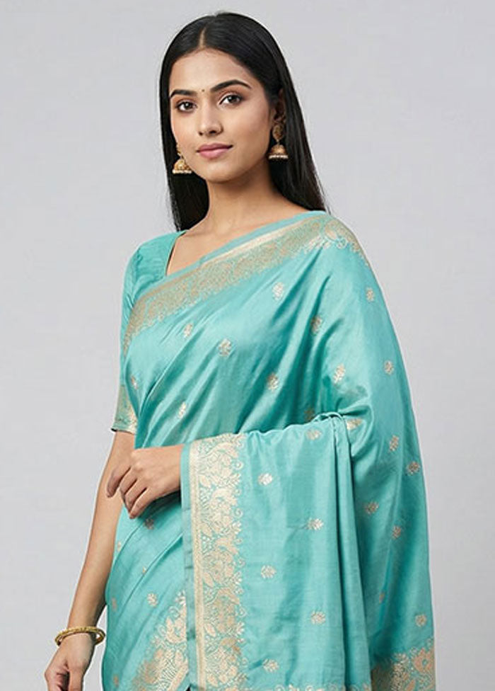 Blue Banarasi Silk Saree With Blouse Piece