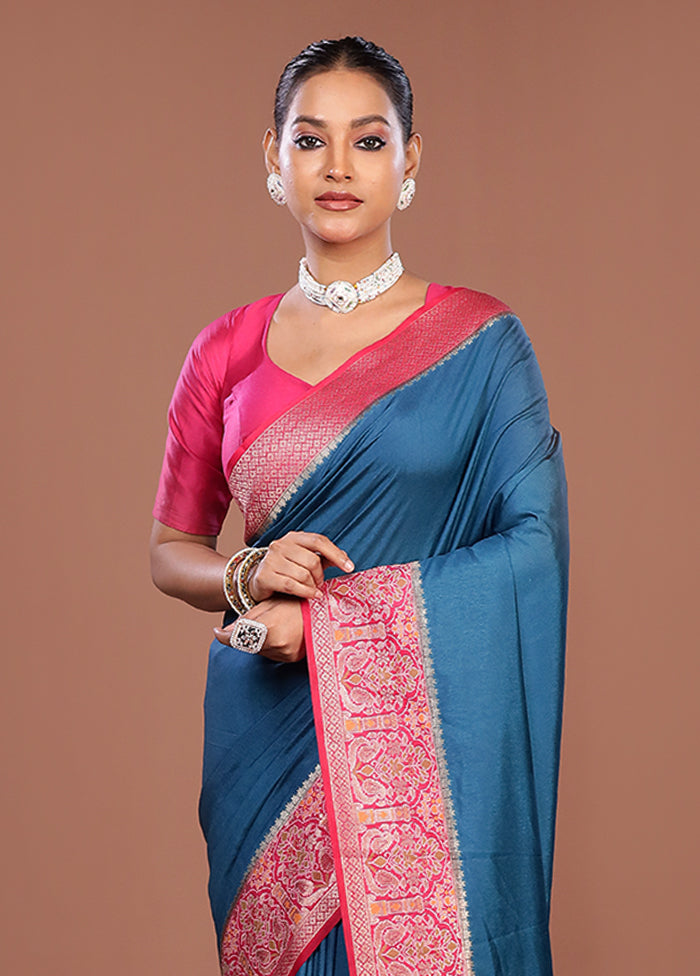 Blue Dupion Silk Saree With Blouse Piece