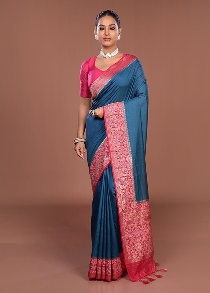Blue Dupion Silk Saree With Blouse Piece