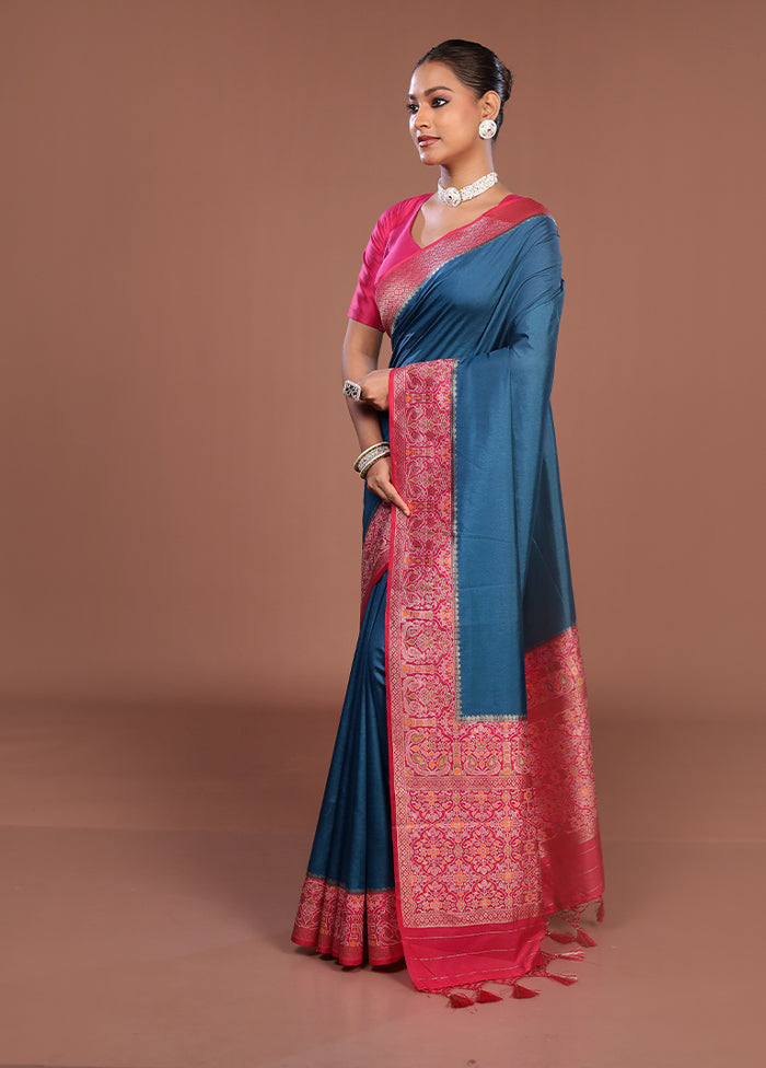 Blue Dupion Silk Saree With Blouse Piece