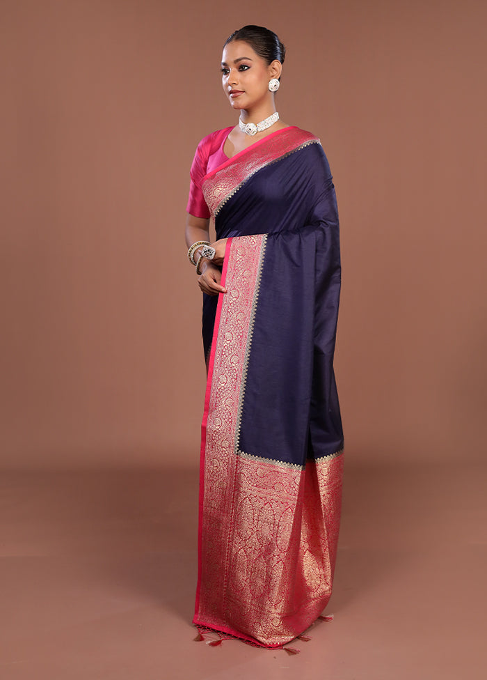 Blue Dupion Silk Saree With Blouse Piece