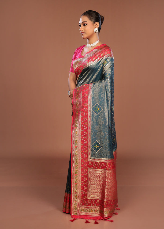 Blue Dupion Silk Saree With Blouse Piece