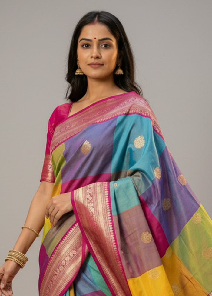 Multicolor Handloom Katan Pure Silk Saree With Blouse Piece
