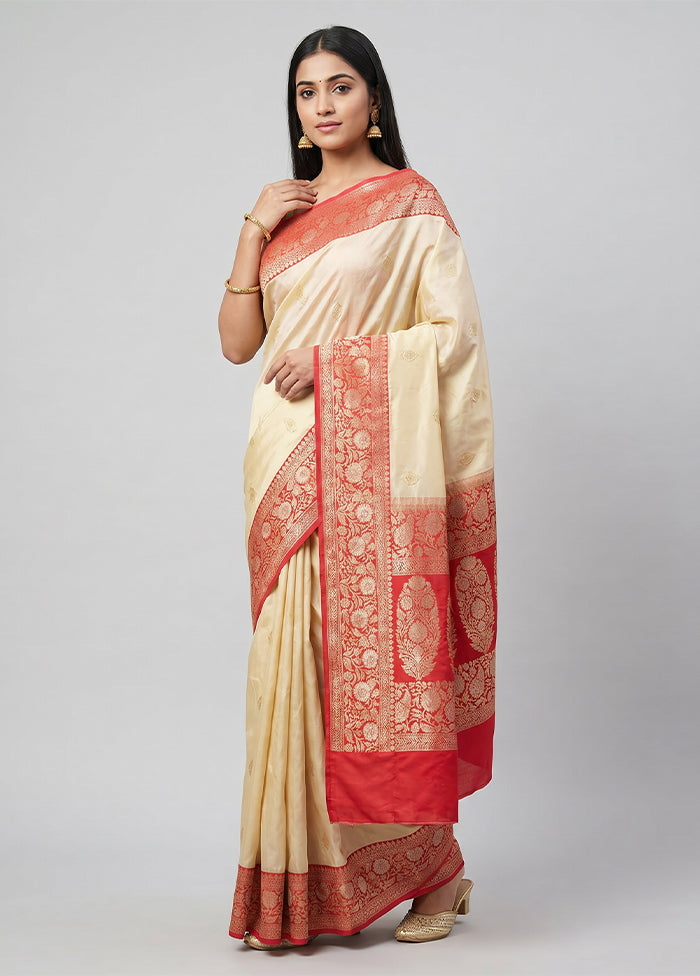 Cream Handloom Katan Pure Silk Saree With Blouse Piece
