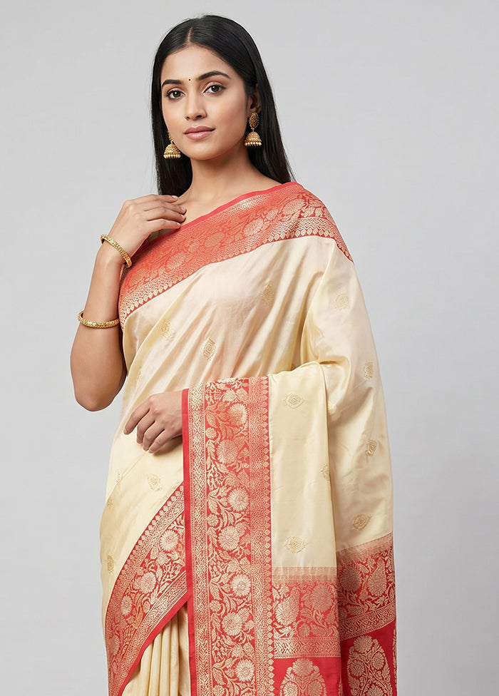 Cream Handloom Katan Pure Silk Saree With Blouse Piece