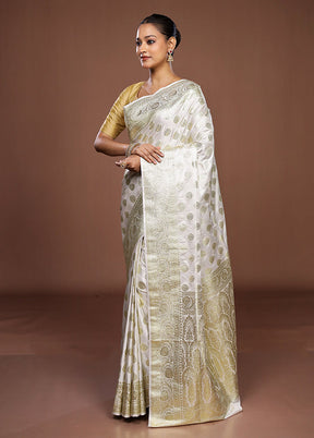 White Banarasi Silk Saree With Blouse Piece