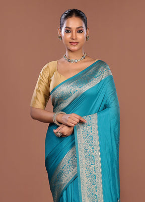 Blue Dupion Silk Saree With Blouse Piece