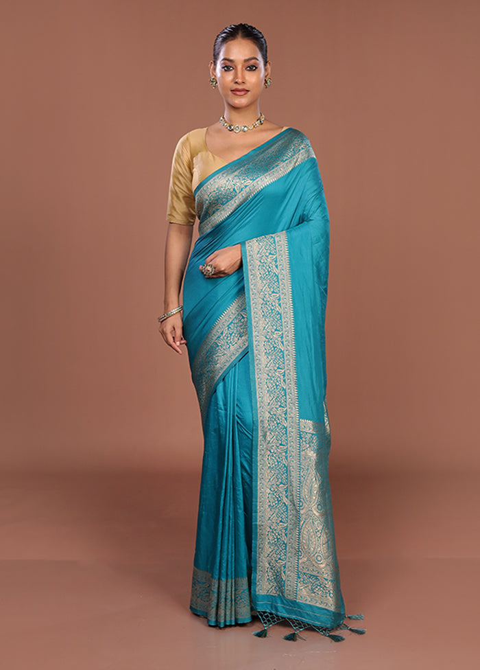 Blue Dupion Silk Saree With Blouse Piece