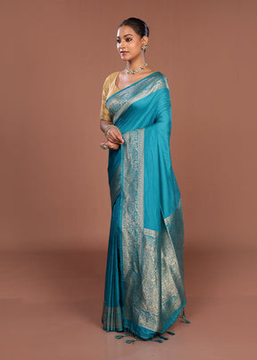 Blue Dupion Silk Saree With Blouse Piece