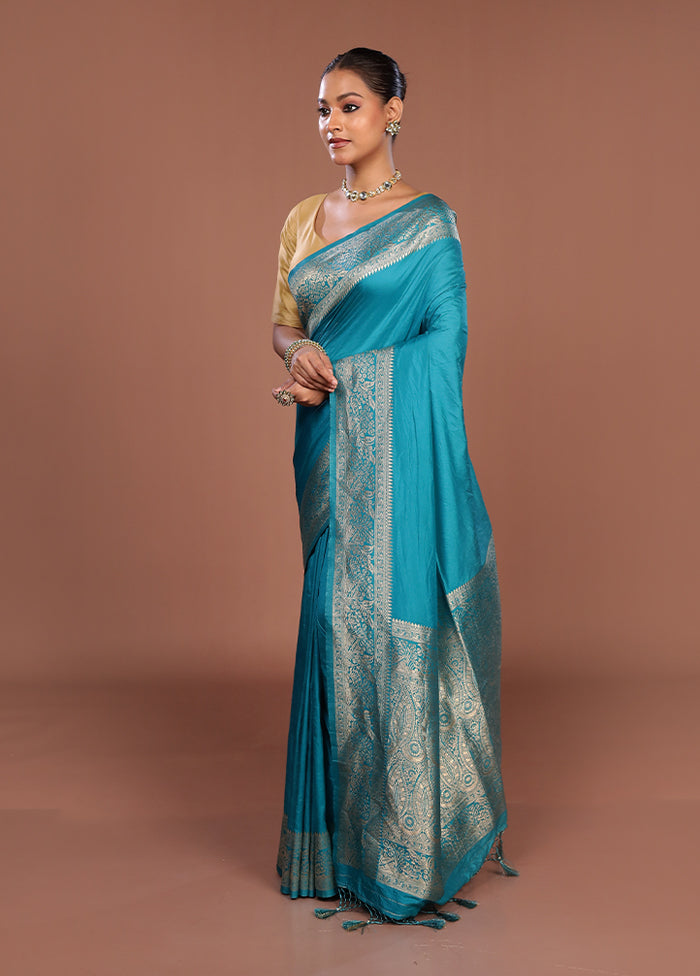 Blue Dupion Silk Saree With Blouse Piece