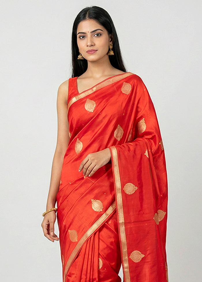 Red Handloom Katan Pure Silk Saree With Blouse Piece