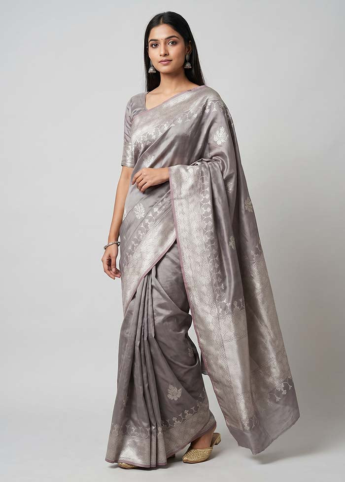 Grey Handloom Katan Pure Silk Saree With Blouse Piece