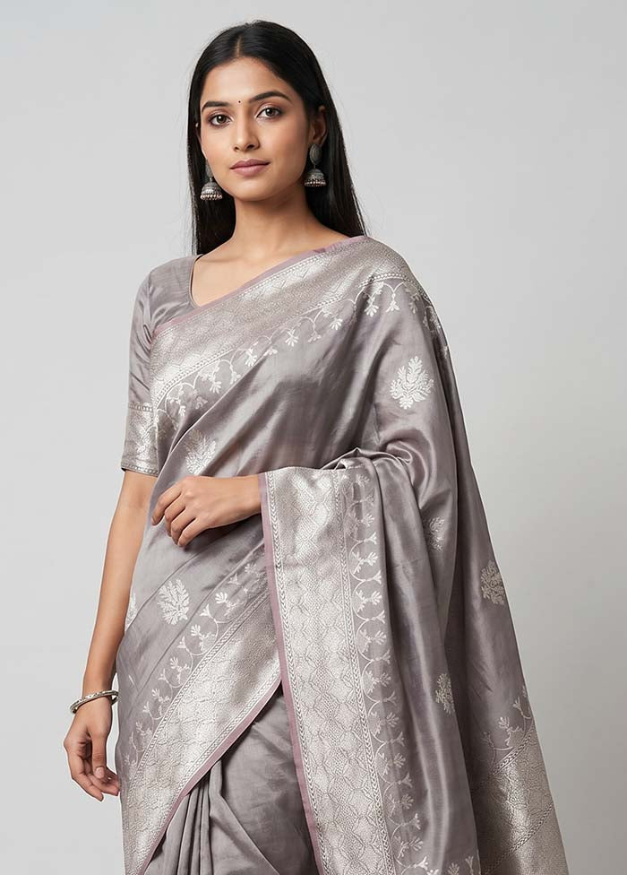 Grey Handloom Katan Pure Silk Saree With Blouse Piece
