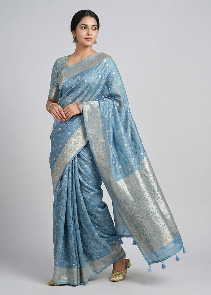 Blue Dupion Silk Saree With Blouse Piece