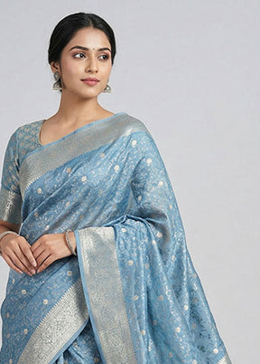 Blue Dupion Silk Saree With Blouse Piece
