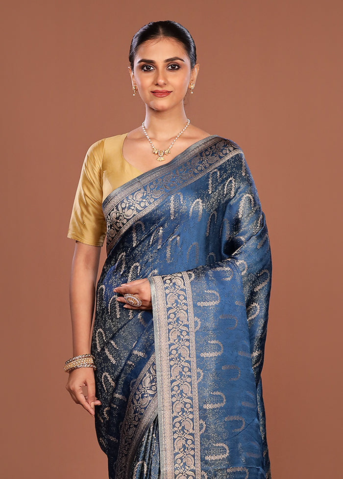 Blue Dupion Silk Saree With Blouse Piece