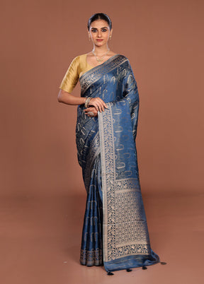Blue Dupion Silk Saree With Blouse Piece