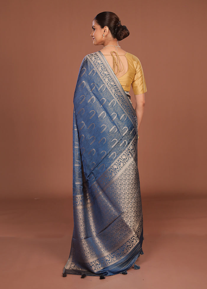 Blue Dupion Silk Saree With Blouse Piece