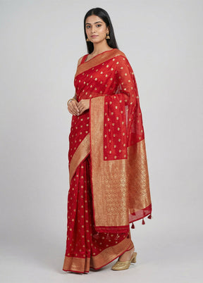 Red Dupion Silk Saree With Blouse Piece