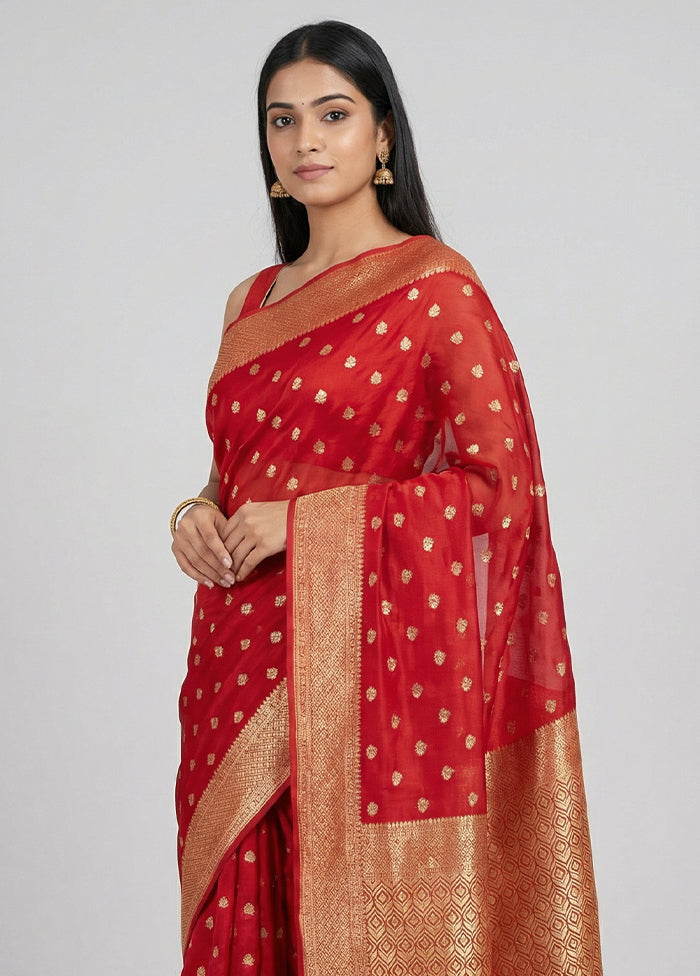 Red Dupion Silk Saree With Blouse Piece