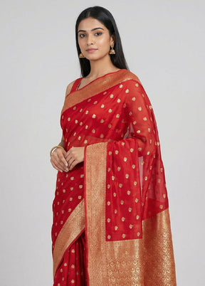 Red Dupion Silk Saree With Blouse Piece