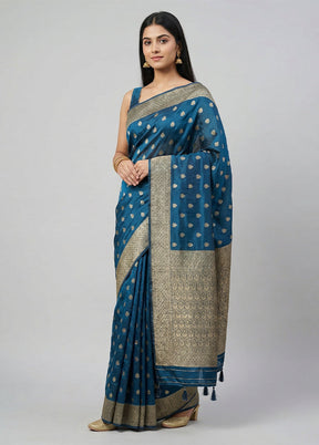Blue Dupion Silk Saree With Blouse Piece