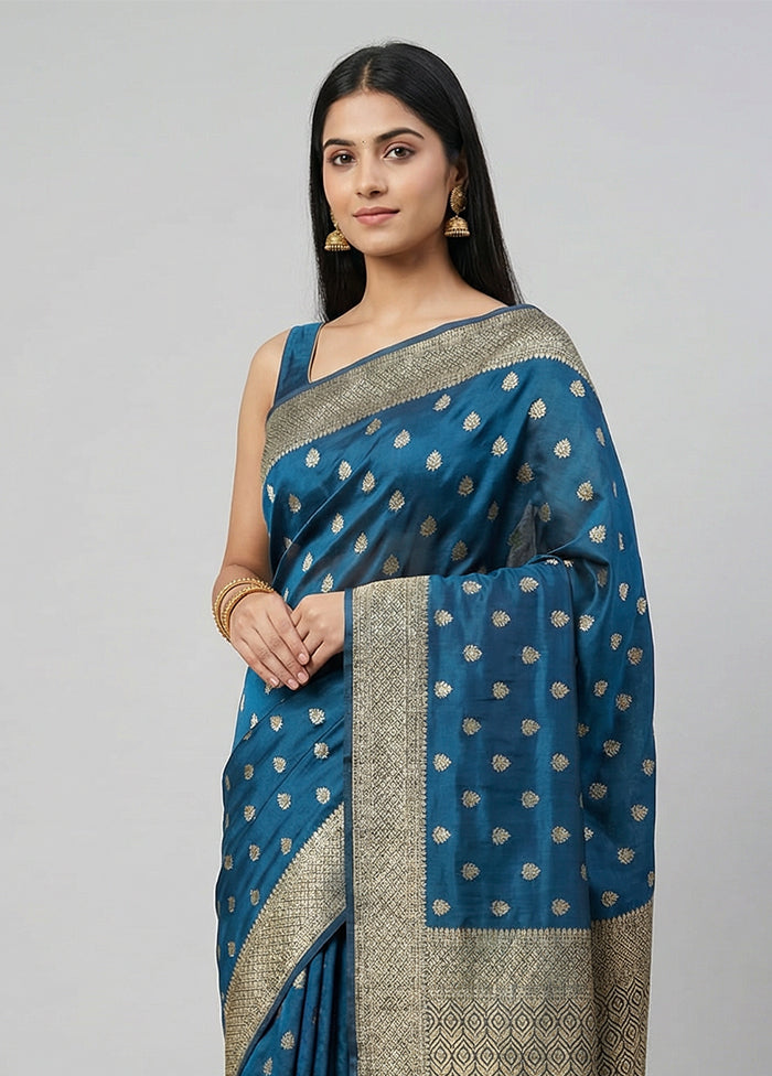 Blue Dupion Silk Saree With Blouse Piece