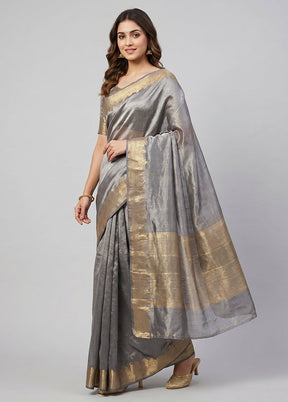 Grey Handloom Tissue Pure Silk Saree With Blouse Piece