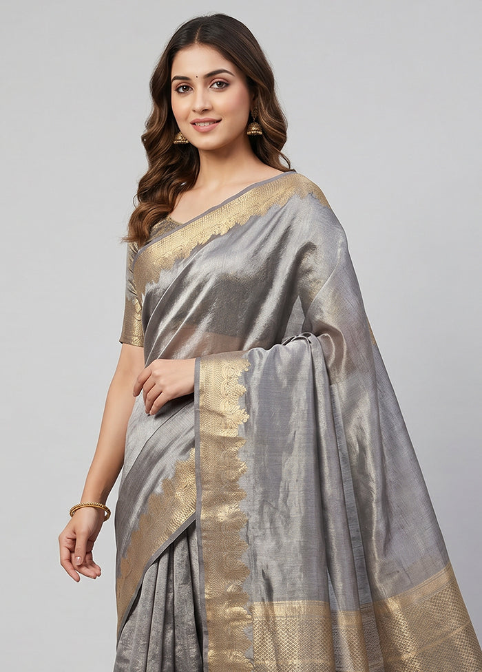 Grey Handloom Tissue Pure Silk Saree With Blouse Piece