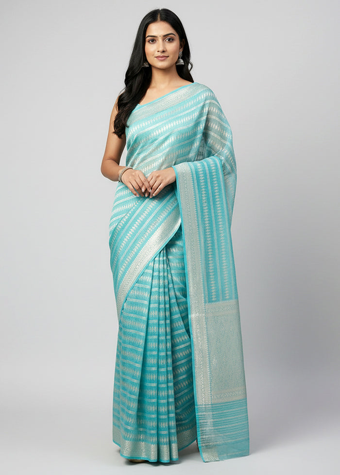 Blue Handloom Kora Pure Silk Saree With Blouse Piece