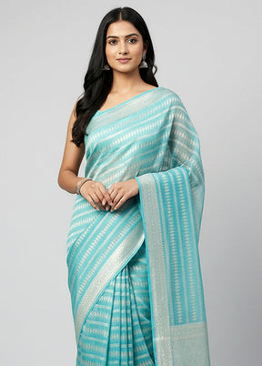 Blue Handloom Kora Pure Silk Saree With Blouse Piece