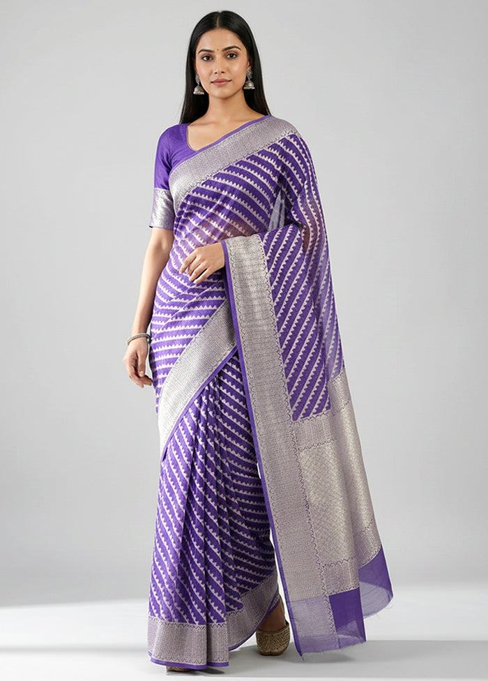 Purple Handloom Kora Pure Silk Saree With Blouse Piece