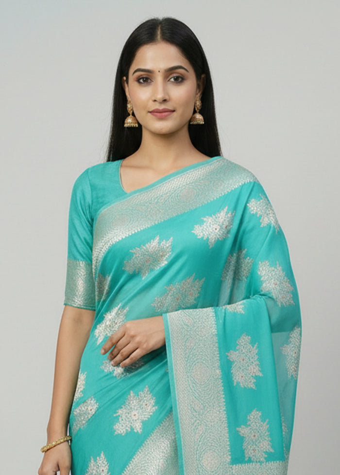 Green Handloom Pure Georgette Saree With Blouse Piece