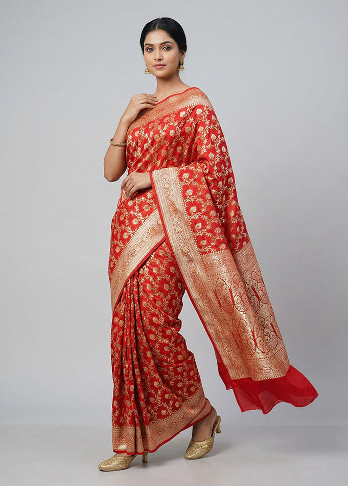 Red Handloom Banarasi Pure Silk Saree With Blouse Piece