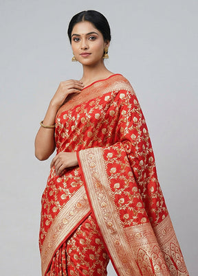Red Handloom Banarasi Pure Silk Saree With Blouse Piece