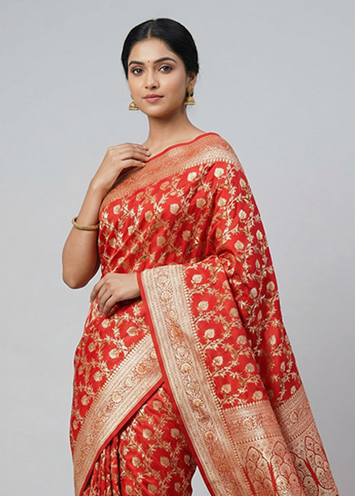 Red Handloom Banarasi Pure Silk Saree With Blouse Piece
